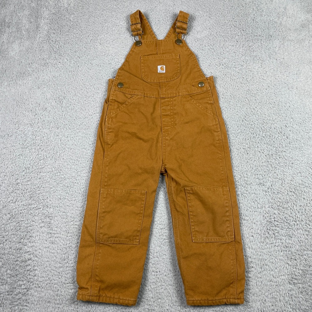 Carhartt Flannel Lined Canvas Overalls Kids 3T Toddler Brown Double Knee Bibs